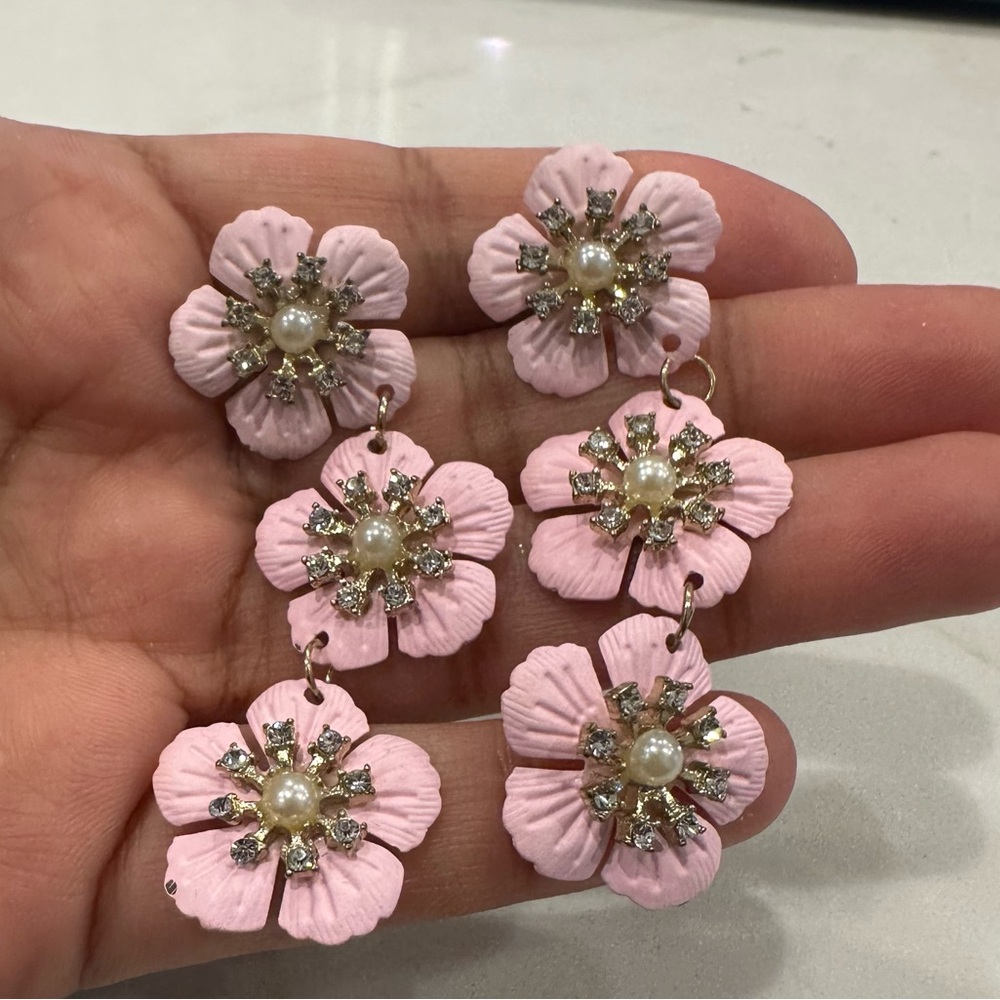 Chic Pink Floral Earrings with Pearl Accents - Picture 2 of 3